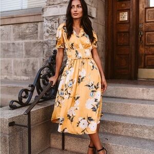 ANTHROPOLOGIE Current Air Marigold V Neck Japanese Floral Canary Midi Dress